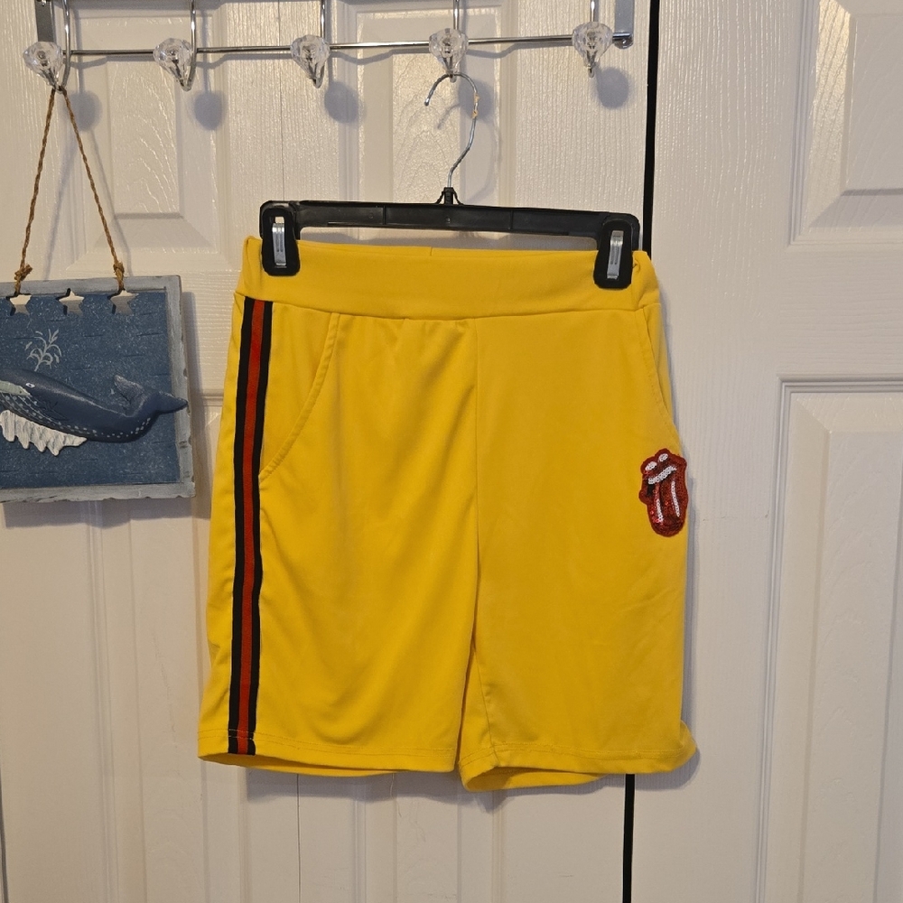 Yellow Womens Shorts with Red and Black Stripe